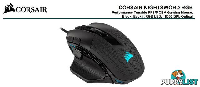 Corsair Nightsword RGB Smart Tunable, FPS/MOBA, 18000 DPI, Gaming Mouse - MICH-NIGHTSWORD-RGBK