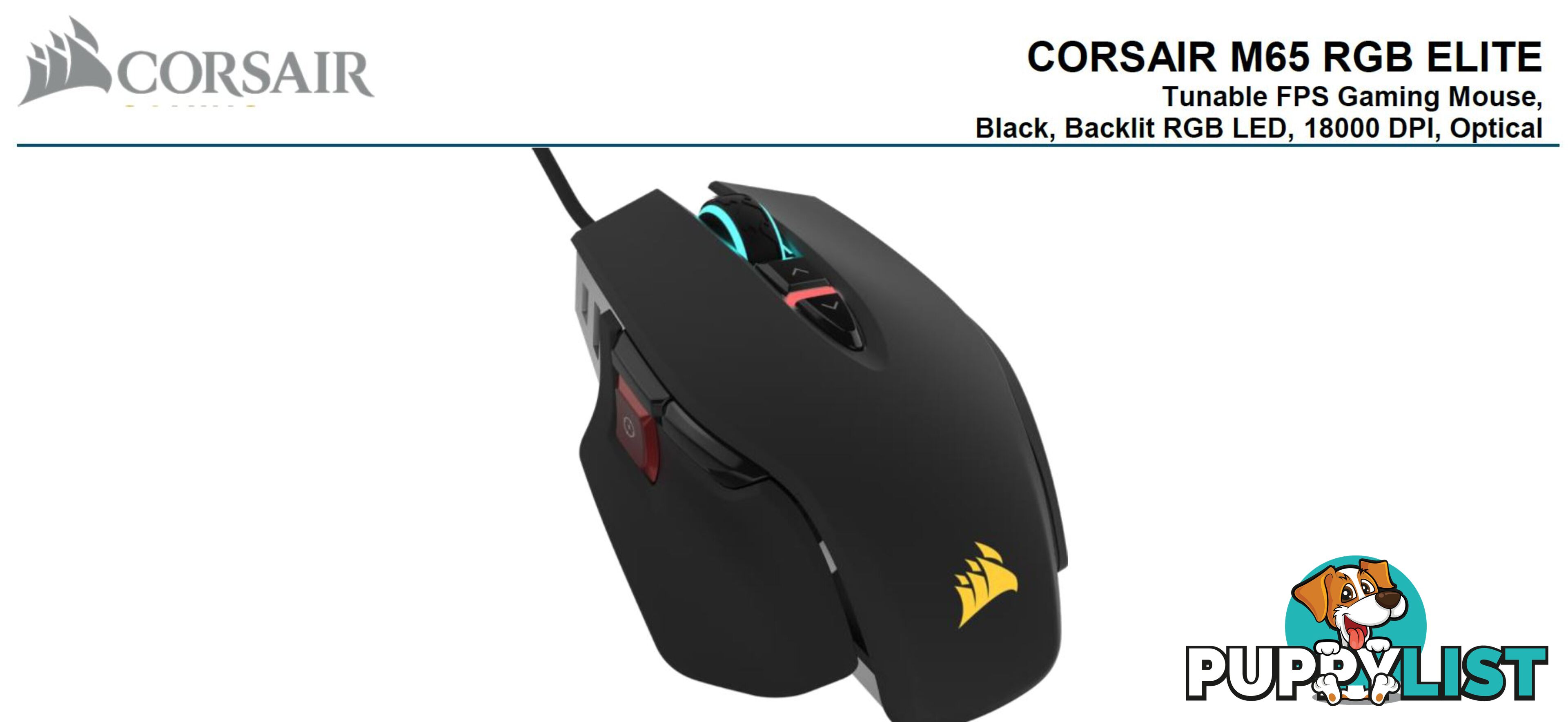 Corsair M65 RGB ELITE Tunable FPS Gaming Mouse Black, 18000 DPI, Optical, iCUE Software. - MICH-M65RGBELITE-BK