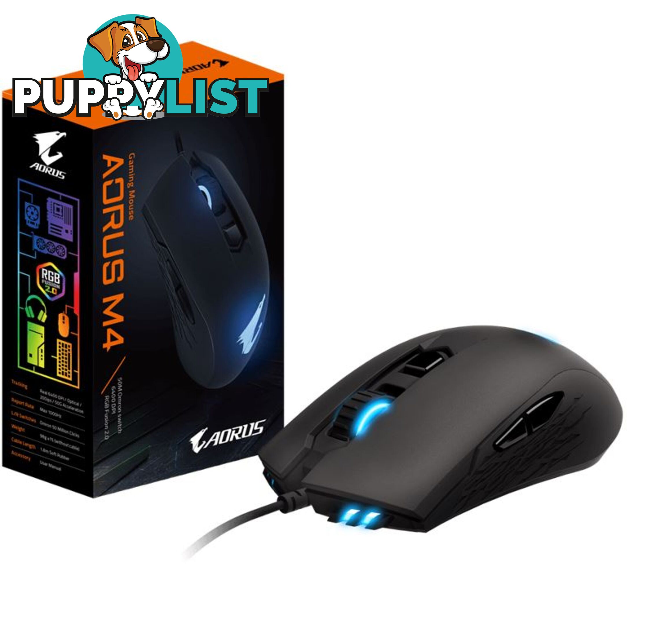 Gigabyte AORUS M4 Optical Gaming Mouse USB Wired 6400 dpi 1000Hz 98g 3D Scroll 50 million click Matte Black RGB Fusion2.0 On-the-fly DPI Adjustment - MIG-AORUSM4