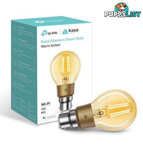 TP-Link KL60B Kasa Filament Smart Bulb, Warm Amber, Bayonet, Dimmable, No Hub Required, Voice Control, 2000K, 5kWh/1000h, 2.4 GHz, 2 Year Warranty - HETL-KL60B