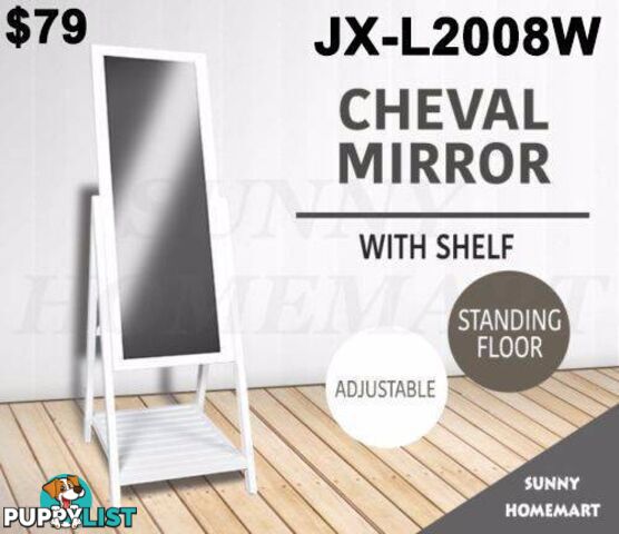 White Rectangular Cheval Free Standing Floor Mirror with Shelf