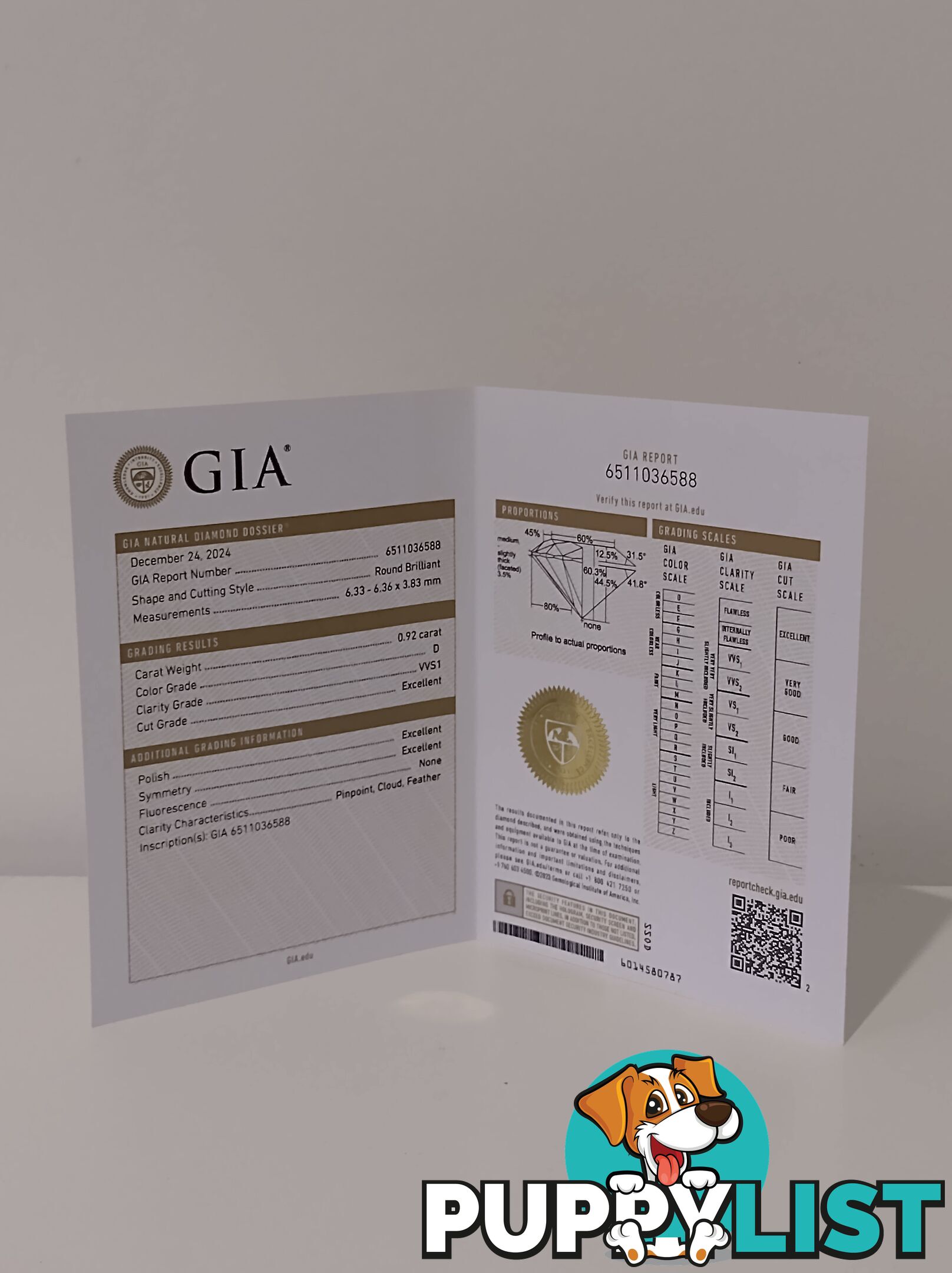 Diamond Natural 0.92ct  VVS1 Brilliant Cut Grade D Certified GIA Certificate