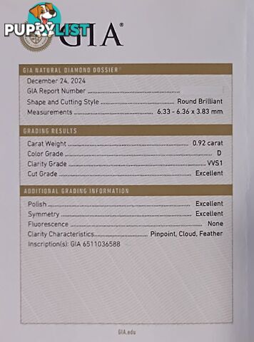 Diamond Natural 0.92ct  VVS1 Brilliant Cut Grade D Certified GIA Certificate