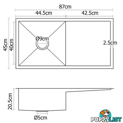 Stainless Steel Kitchen/Laundry Sink w/ Strainer Waste 870x450mm