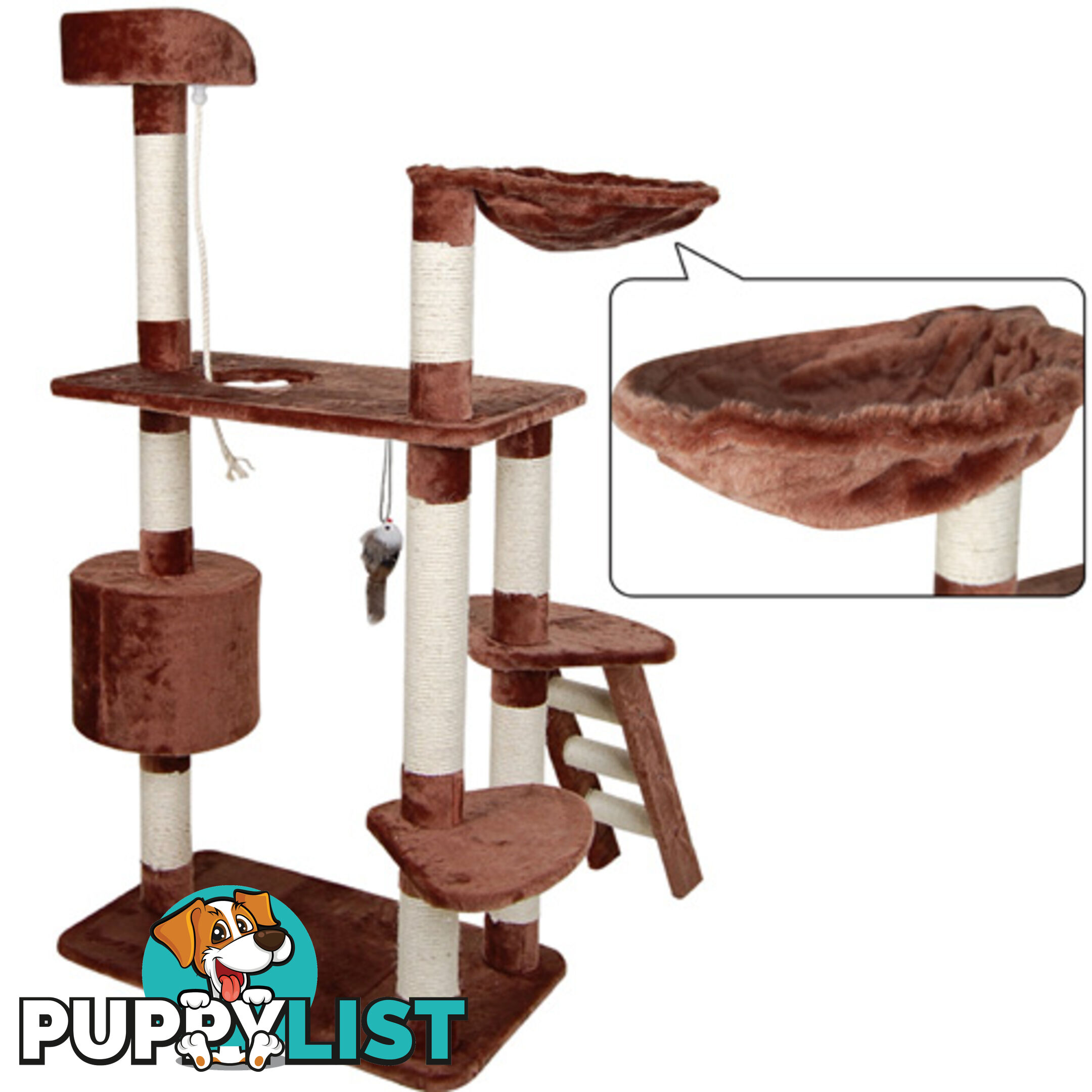 Multi Level Cat Scratching Poles Tree w/ Ladder Brown