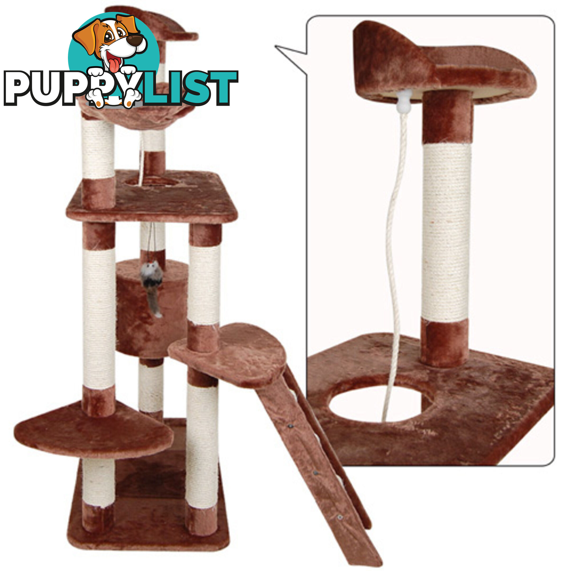 Multi Level Cat Scratching Poles Tree w/ Ladder Brown