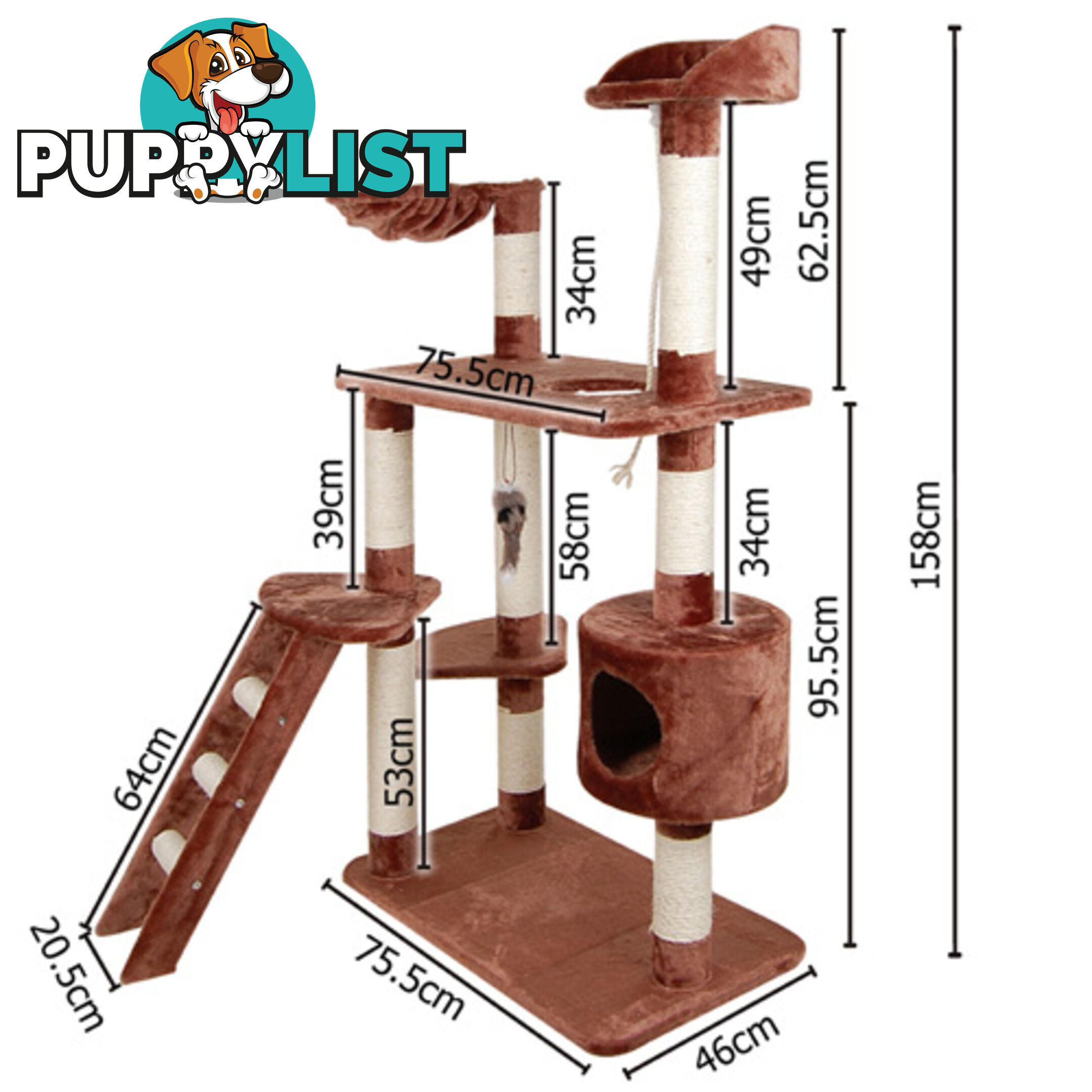 Multi Level Cat Scratching Poles Tree w/ Ladder Brown