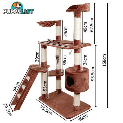 Multi Level Cat Scratching Poles Tree w/ Ladder Brown