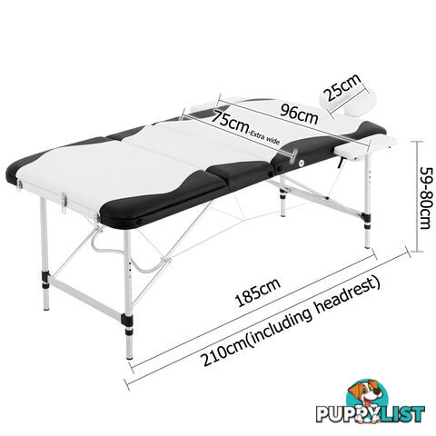 Portable Aluminium 3 Fold Massage Table Chair Bed Black White 75cm