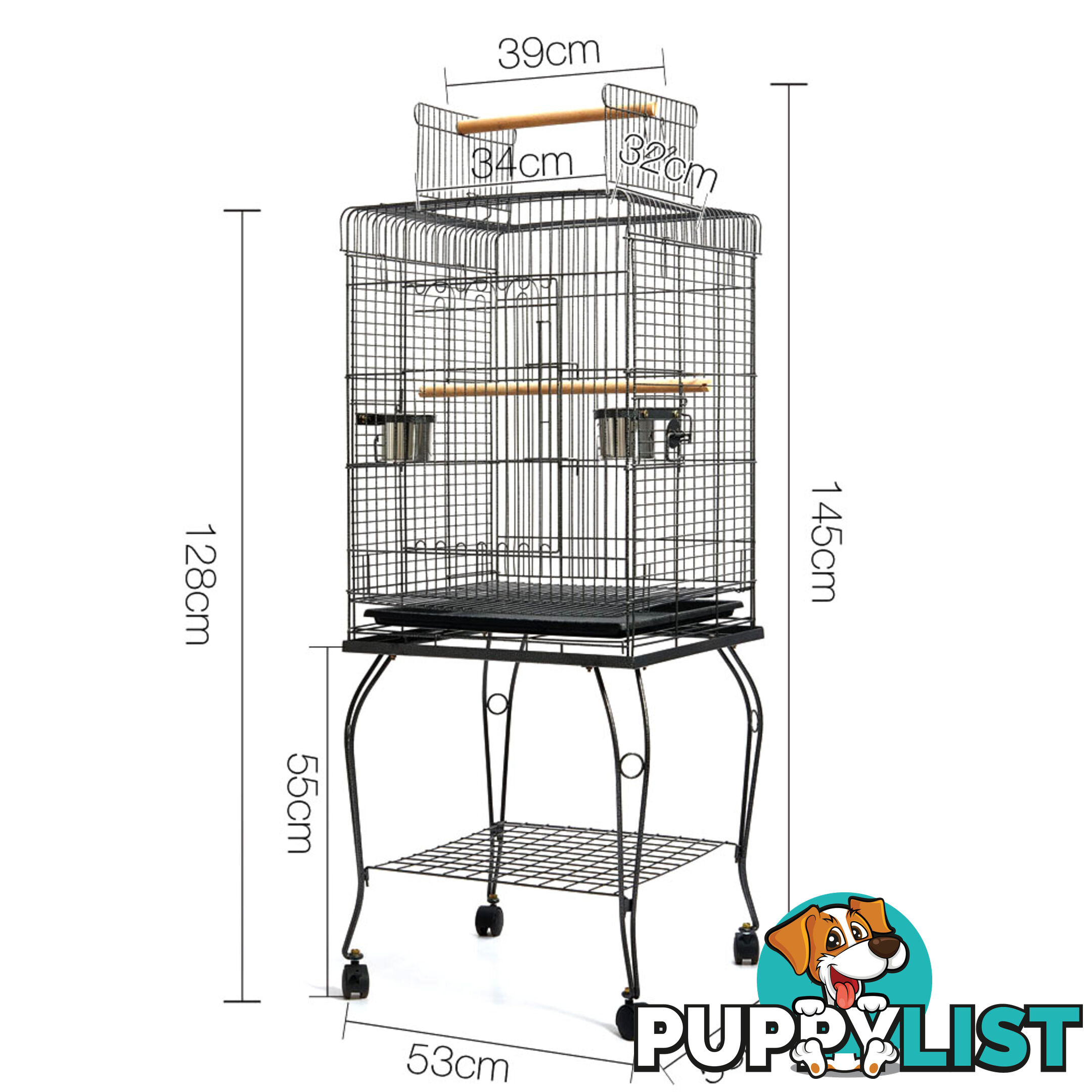 Parrot Pet Aviary Bird Cage w/ Open Roof 145cm Black