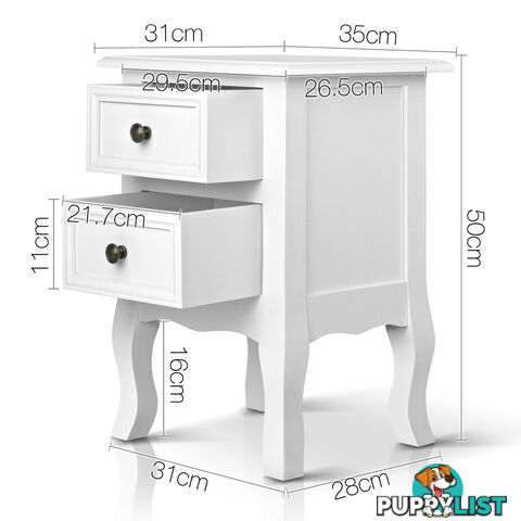 Vintage Style Bedside Side Table with 2 Drawers - White