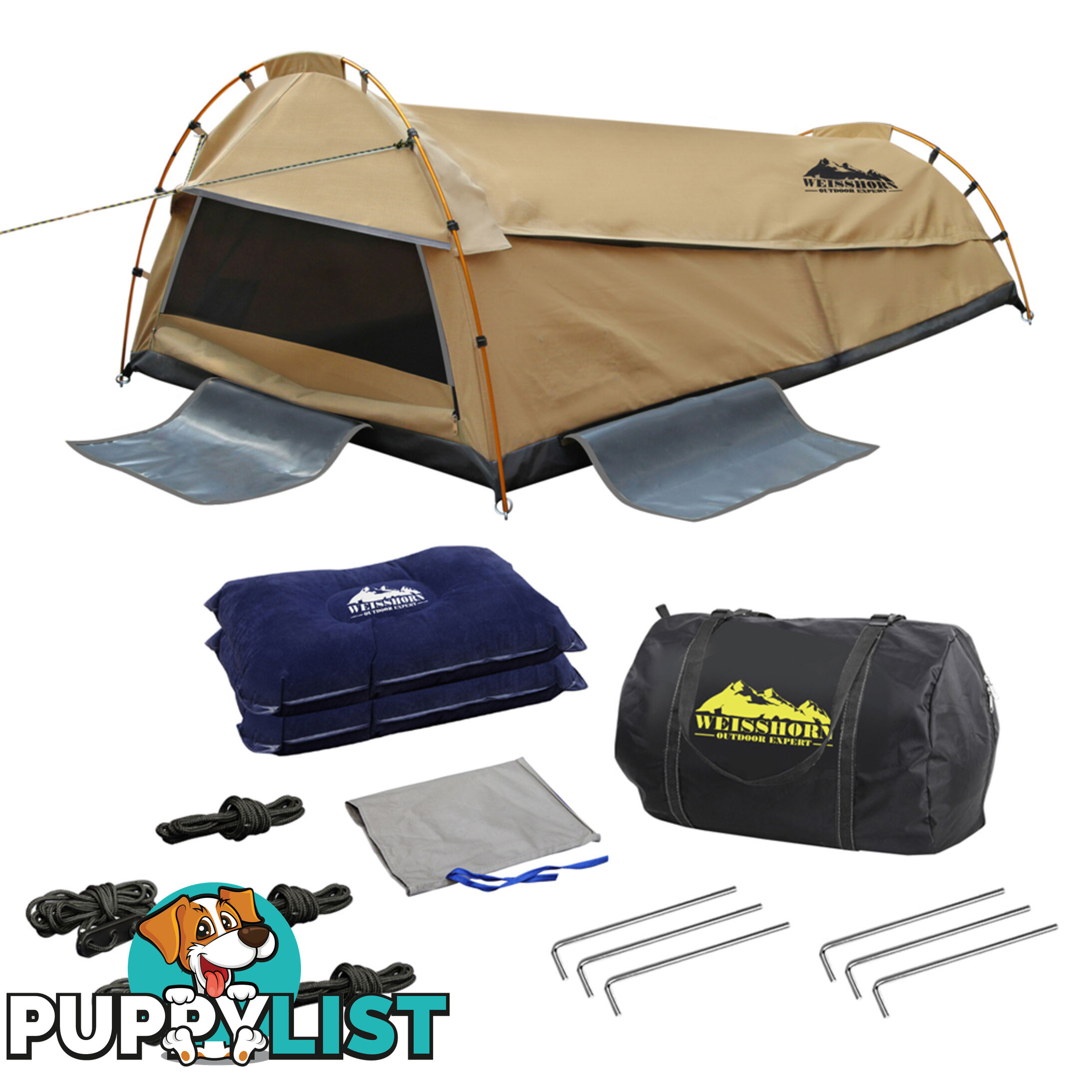 Double Camping Canvas Swag Tent Beige w/ Air Pillow