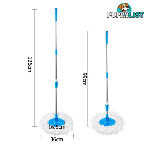 360 Degree Spinning Mop Stainless Steel Spin Dry Bucket w/ 2 Mop Heads Blue