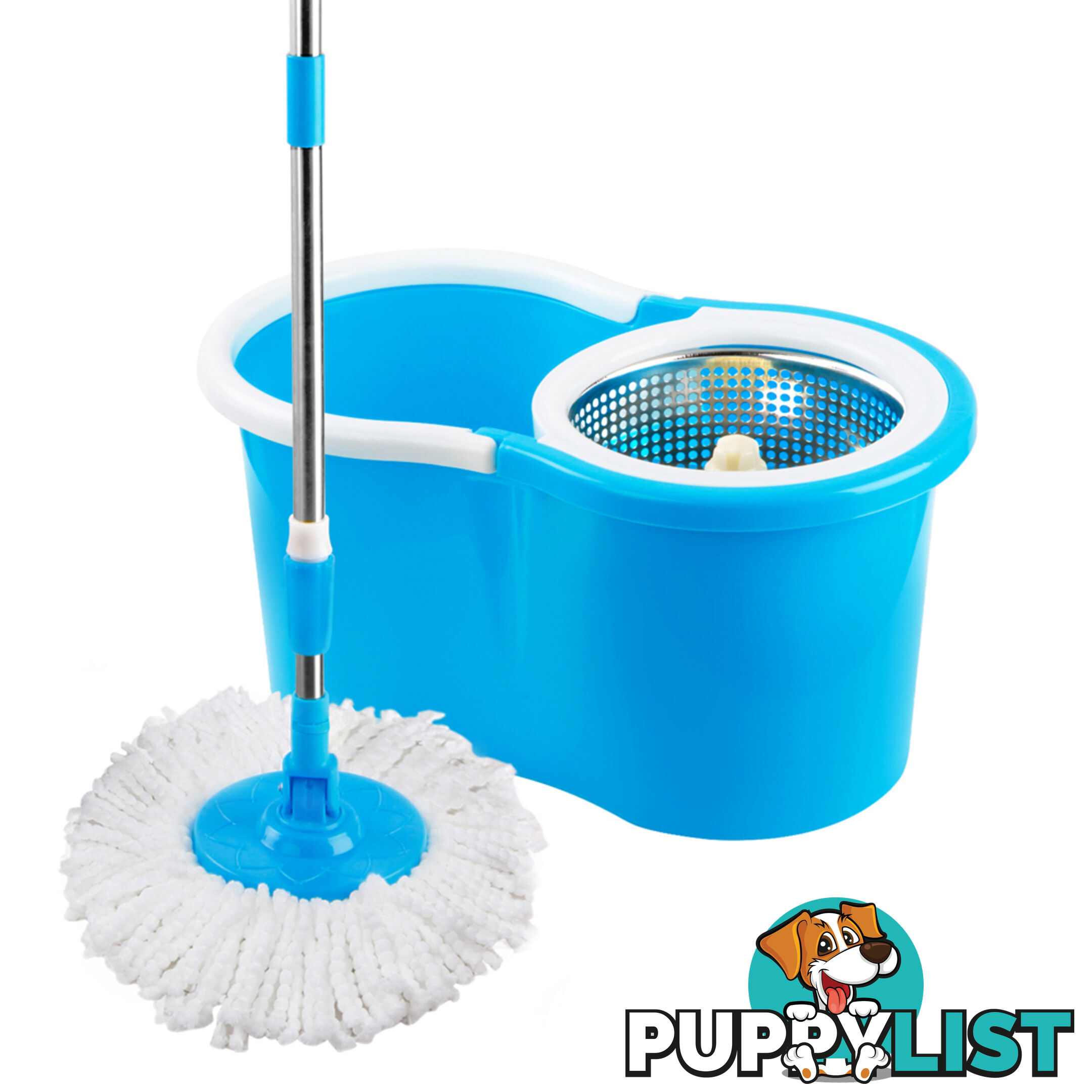 360 Degree Spinning Mop Stainless Steel Spin Dry Bucket w/ 2 Mop Heads Blue