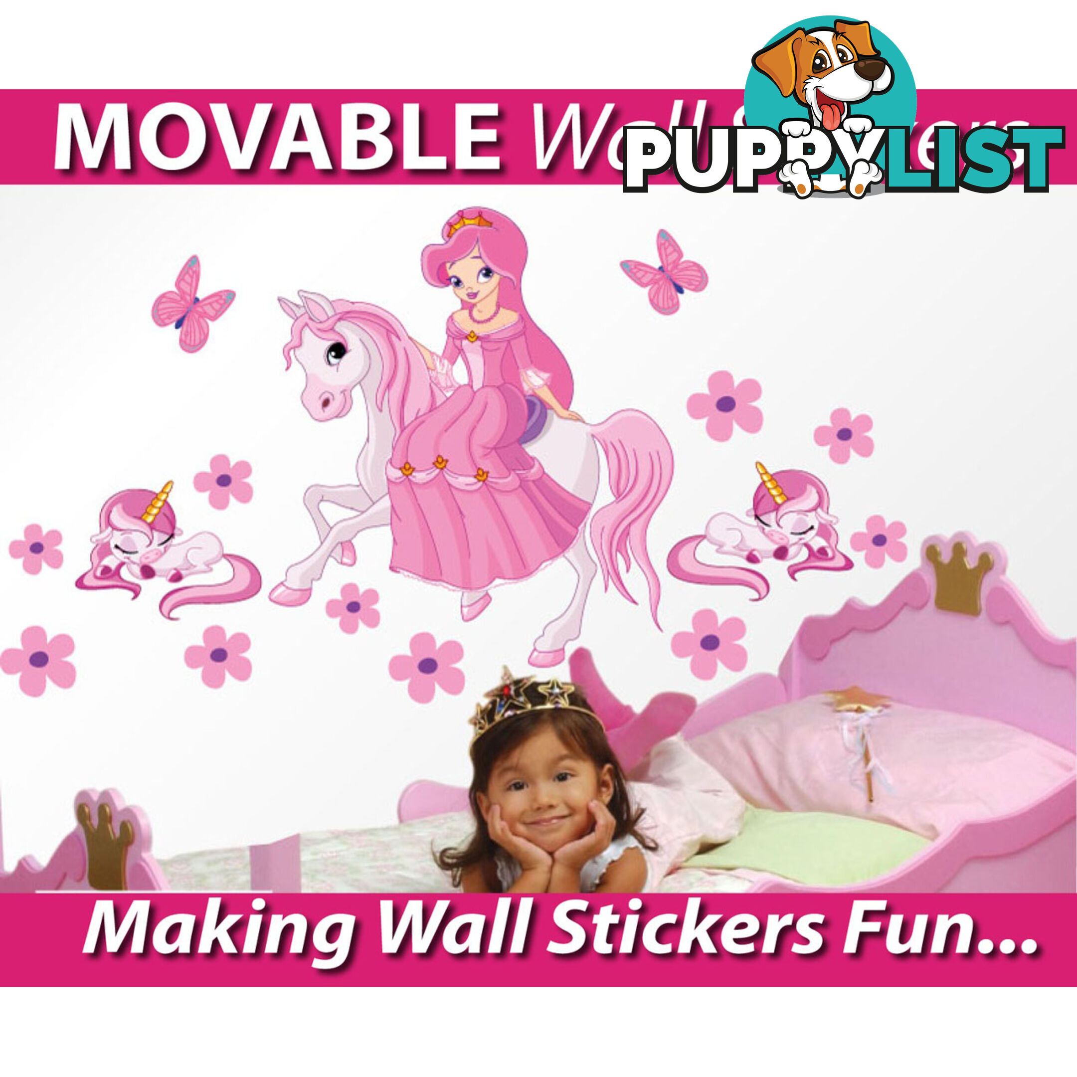 Extra Large Size Princess on a horse with unicorns Wall Sticker - Totally Movable