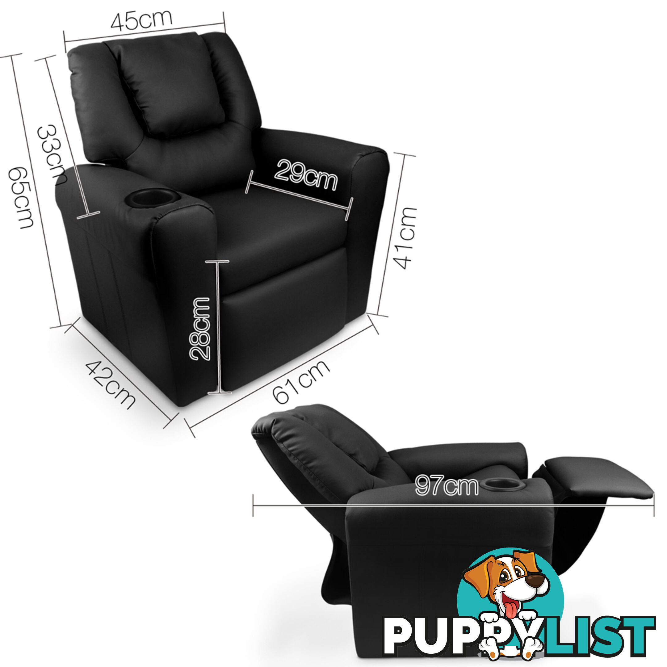 Kids Padded PU Leather Recliner Chair  - Black