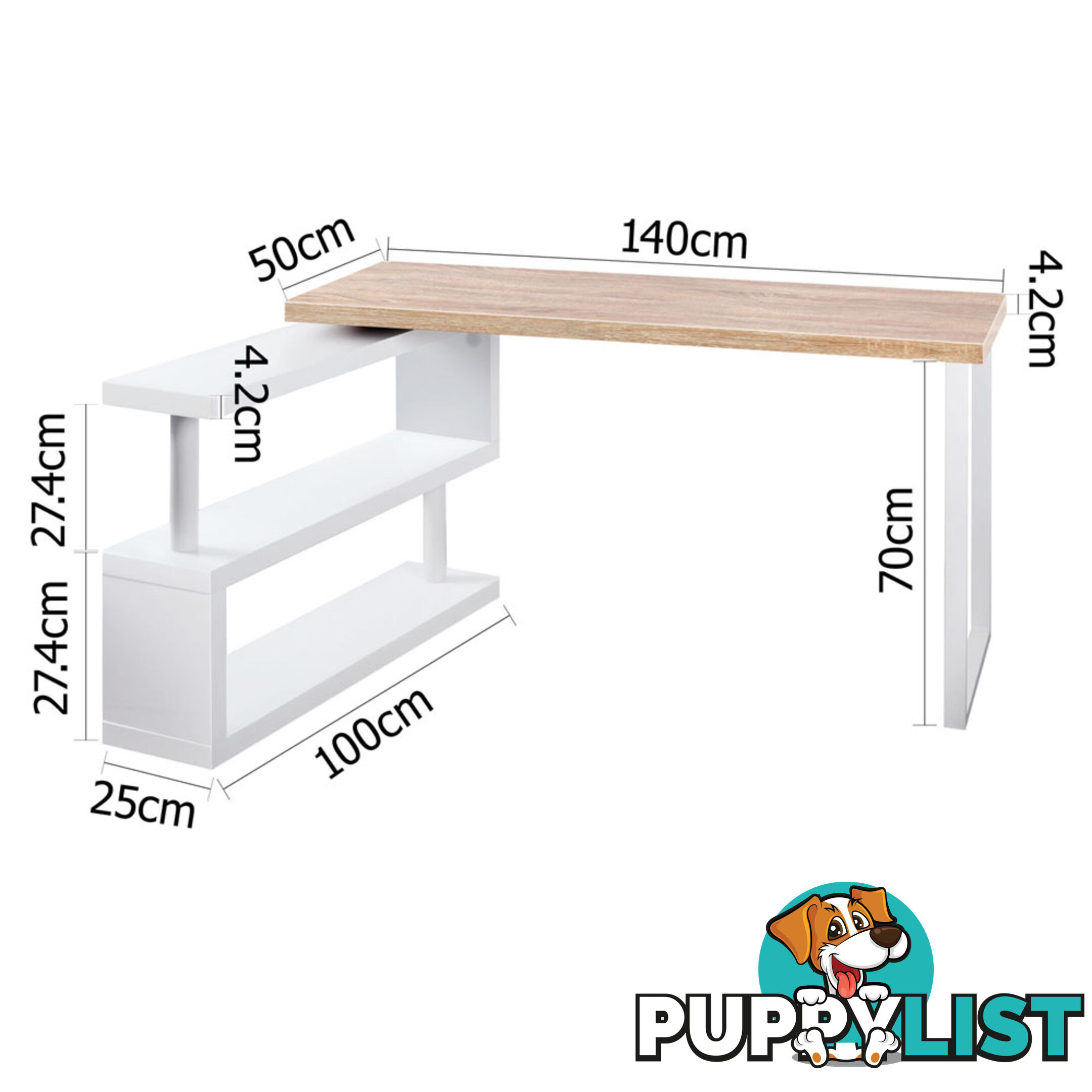 Rotary Corner Brown Office Computer Desk w/ White Bookshelf