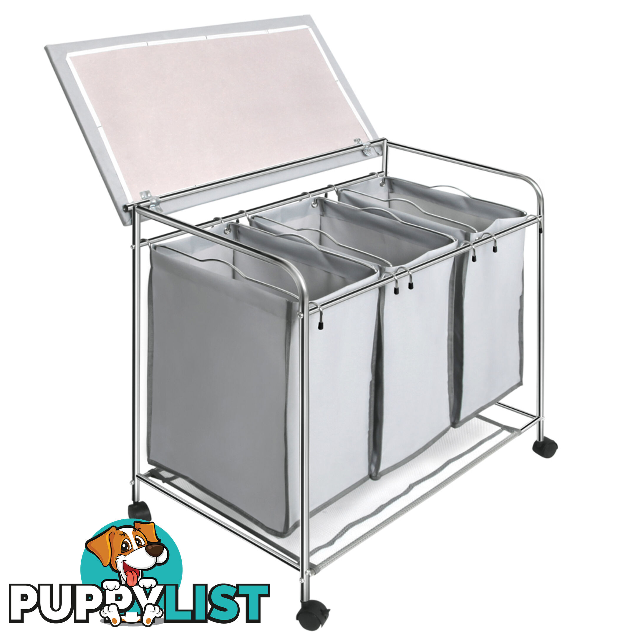 3 Compartment Laundry Cart Basket Trolley w/ Iron Board