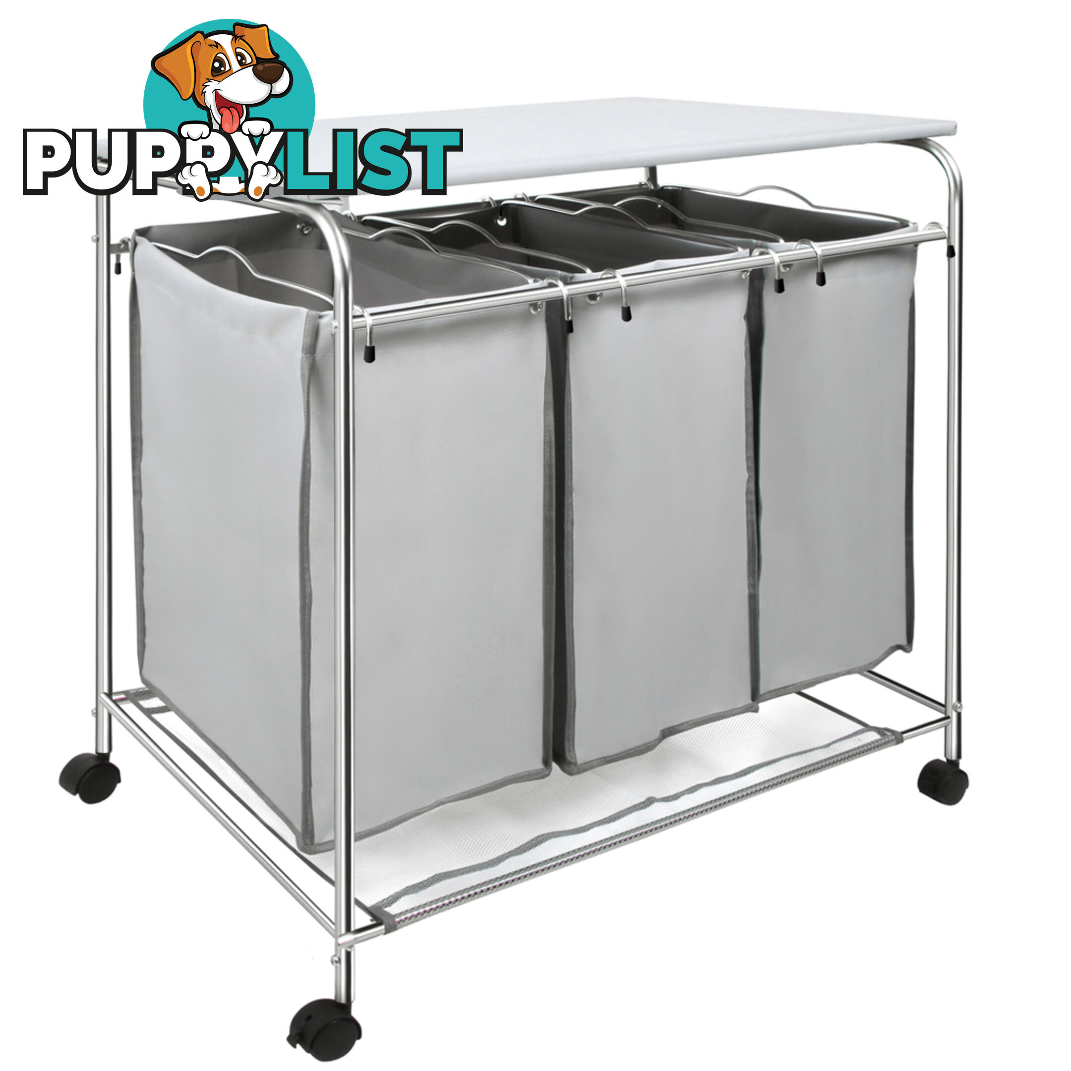 3 Compartment Laundry Cart Basket Trolley w/ Iron Board