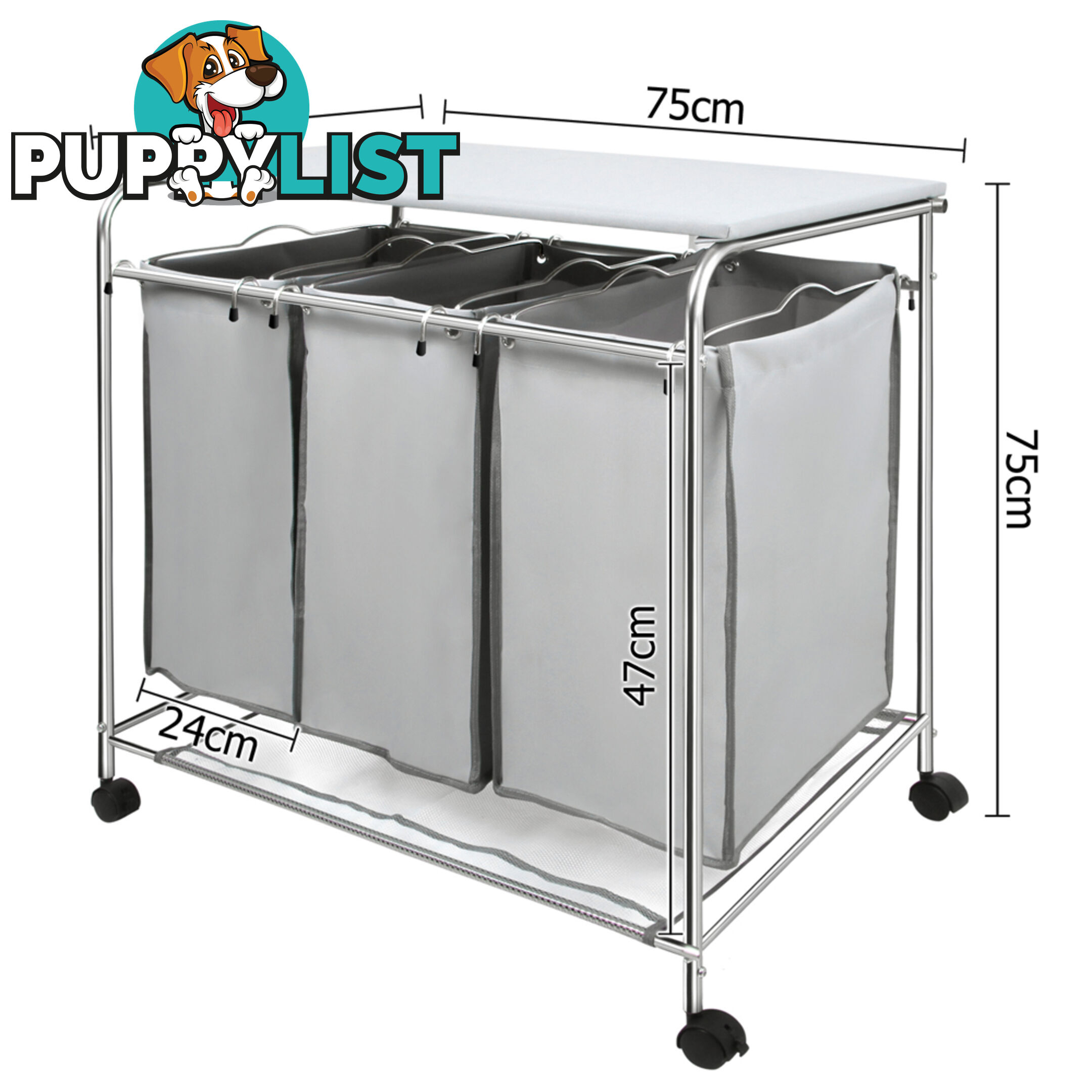 3 Compartment Laundry Cart Basket Trolley w/ Iron Board