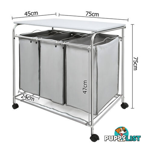 3 Compartment Laundry Cart Basket Trolley w/ Iron Board