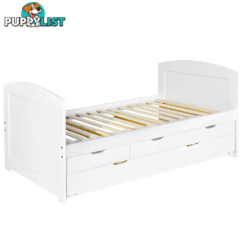 Wooden Bed Frame Pine Wood w/ Drawers Single White