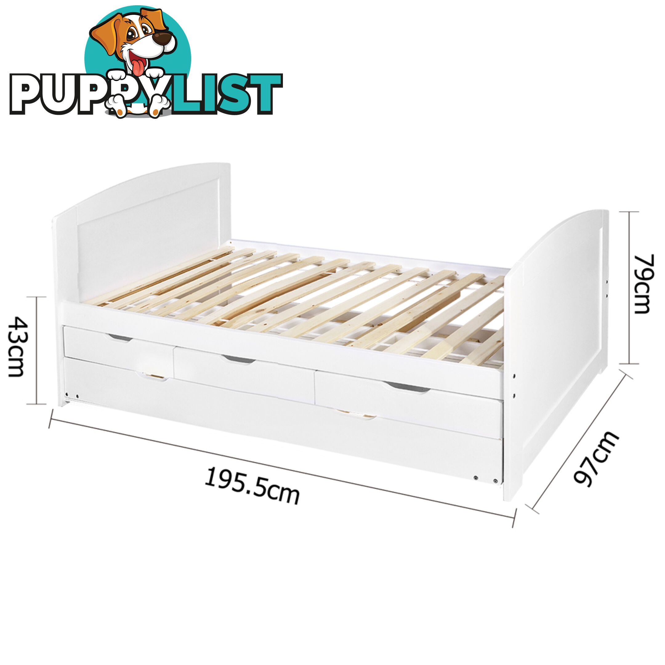 Wooden Bed Frame Pine Wood w/ Drawers Single White