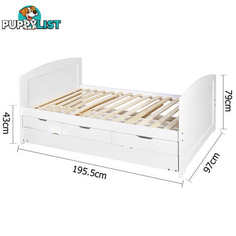 Wooden Bed Frame Pine Wood w/ Drawers Single White