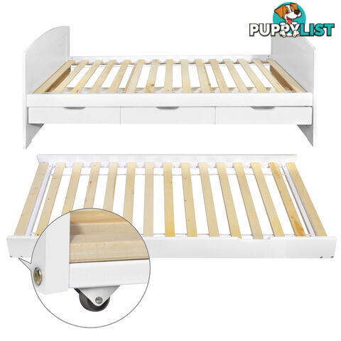 Wooden Bed Frame Pine Wood w/ Drawers Single White