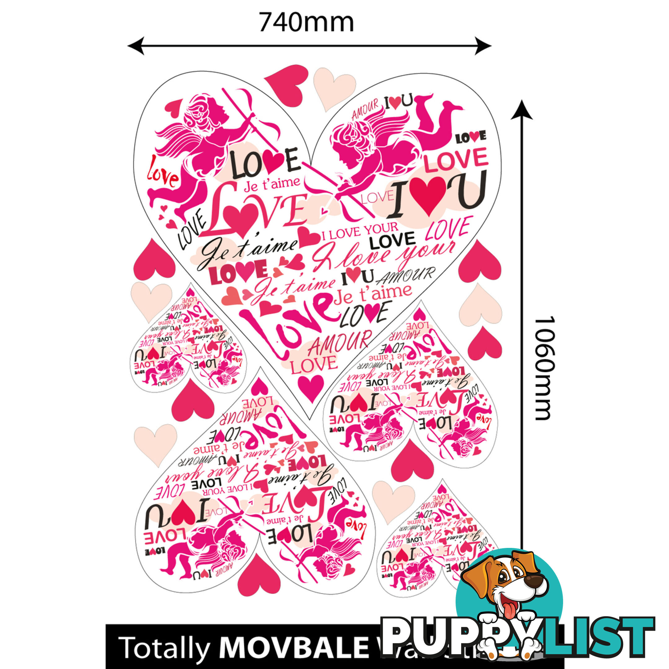 Extra Large Size Pink Cupid Love Hearts Wall Stickers - Totally Movable