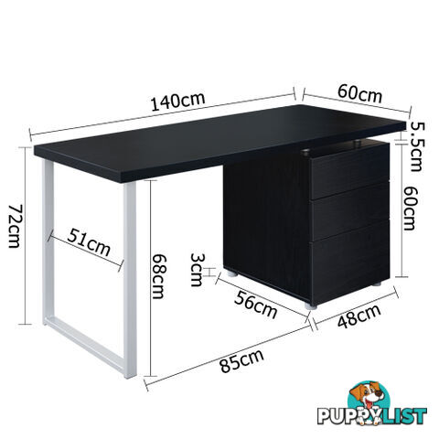 Office Study Computer Desk w/ 3 Drawer Cabinet Black