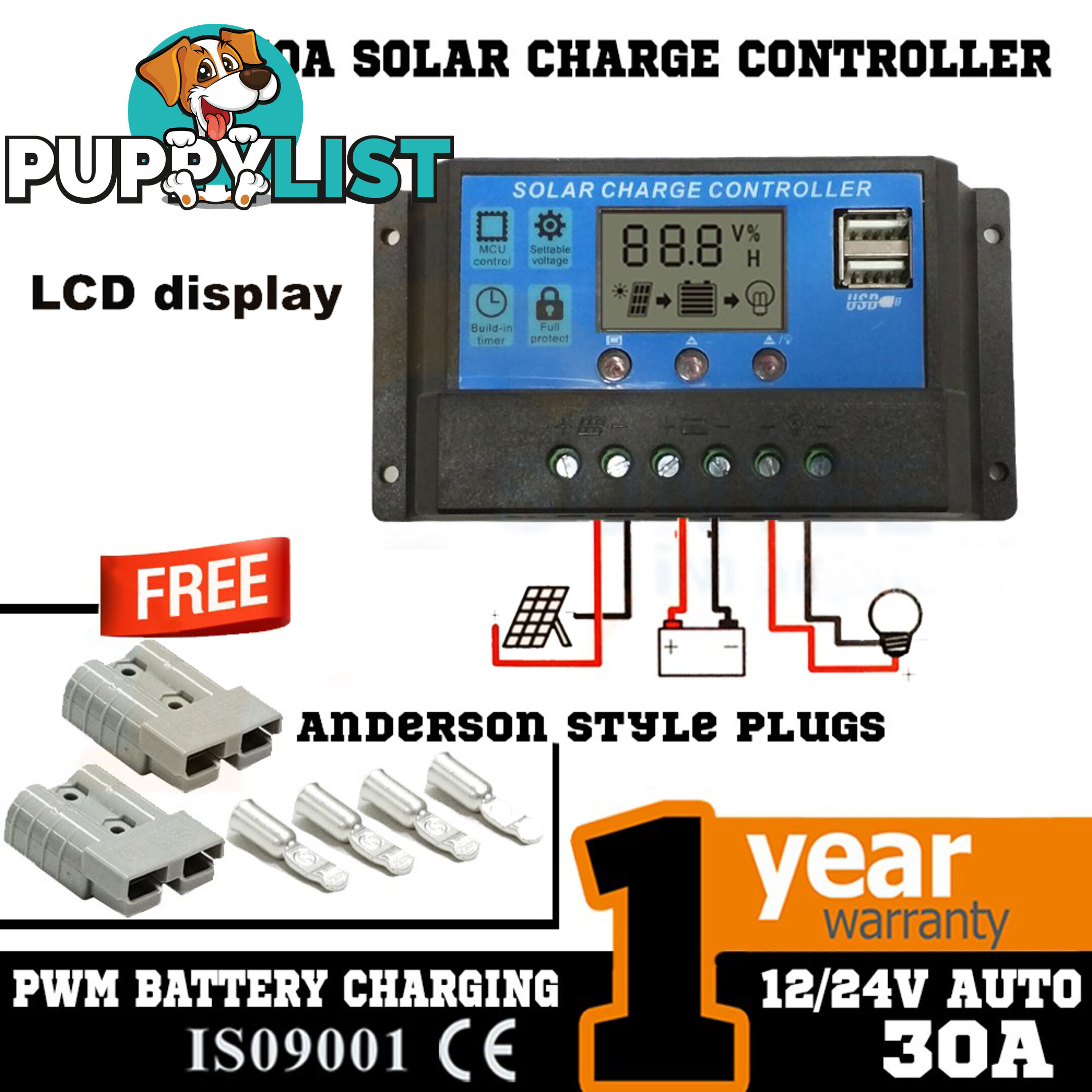 30A 12V-24V LCD Display PWM Solar Panel Regulator Charge Controller & Timer PWN