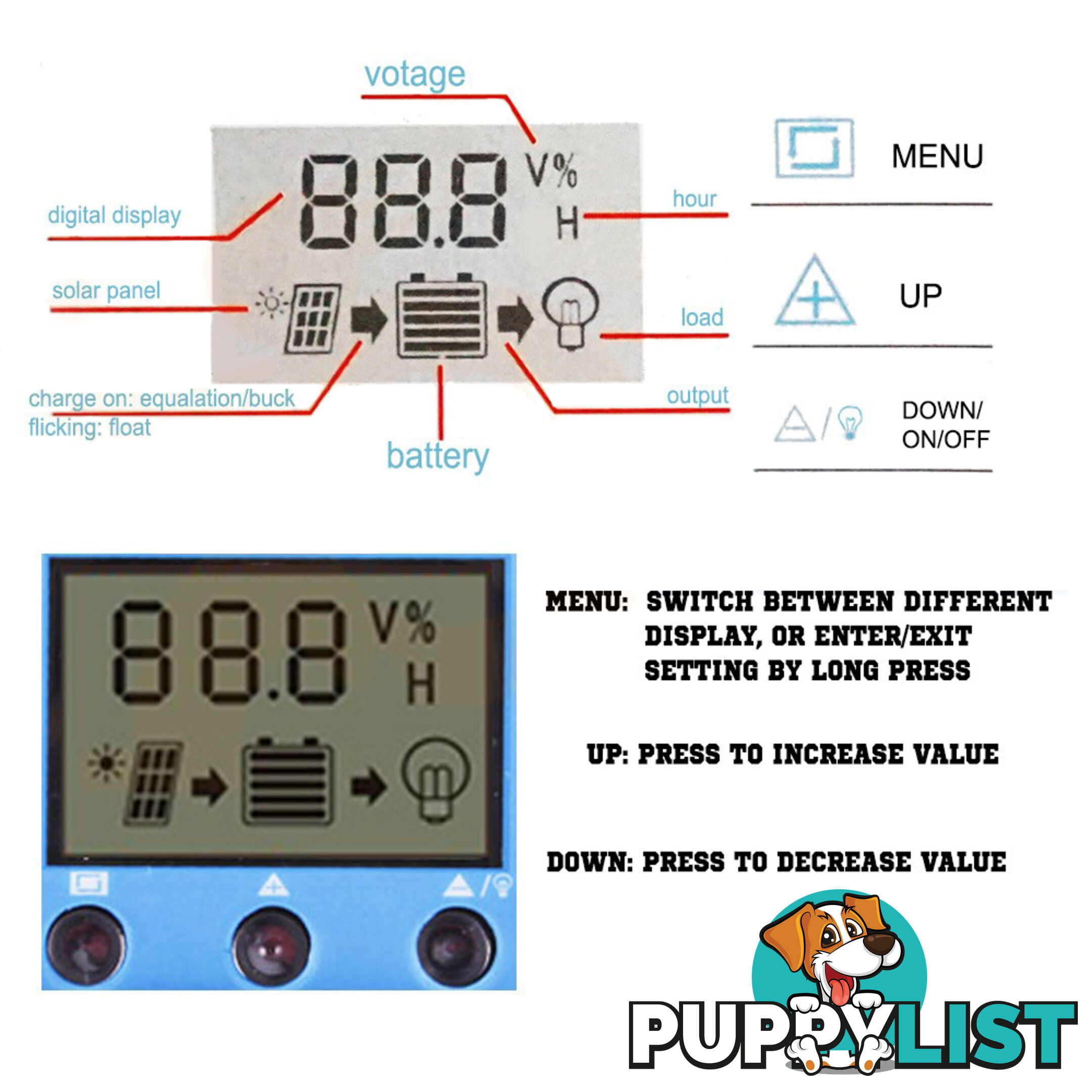 30A 12V-24V LCD Display PWM Solar Panel Regulator Charge Controller & Timer PWN