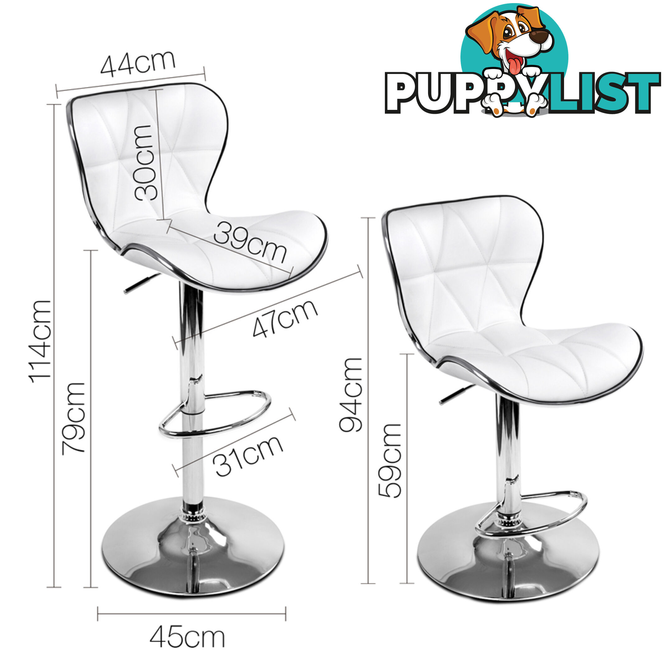 Set of 2 PU Leather Kitchen Bar Stool White