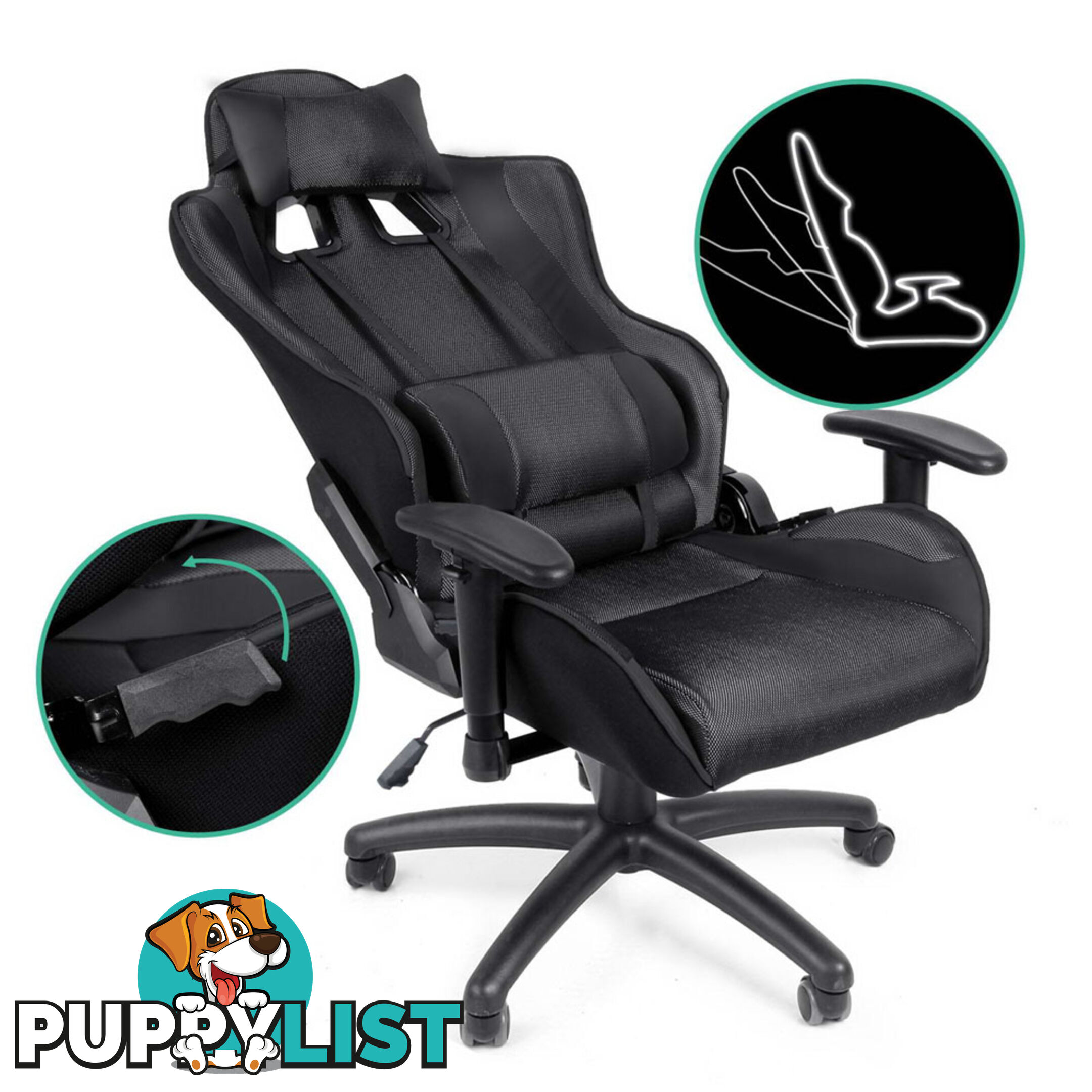 PU Leather & Mesh Reclining Office Desk Gaming Executive Chair - Black