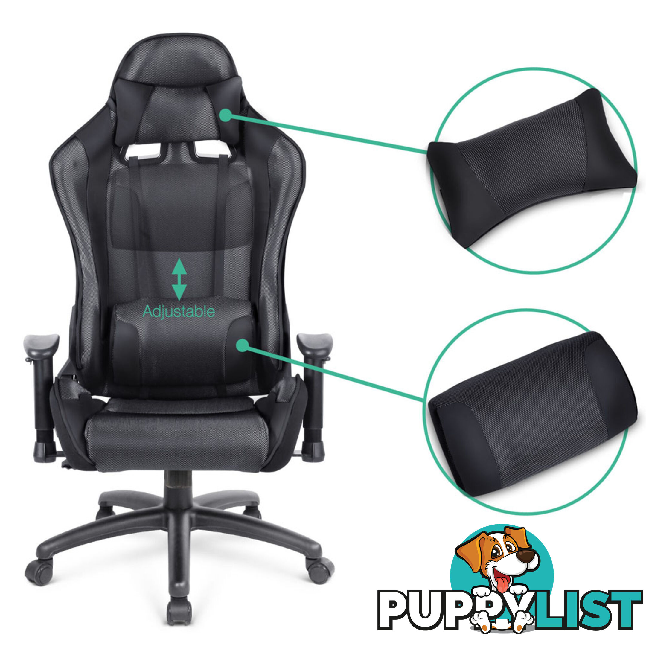 PU Leather & Mesh Reclining Office Desk Gaming Executive Chair - Black