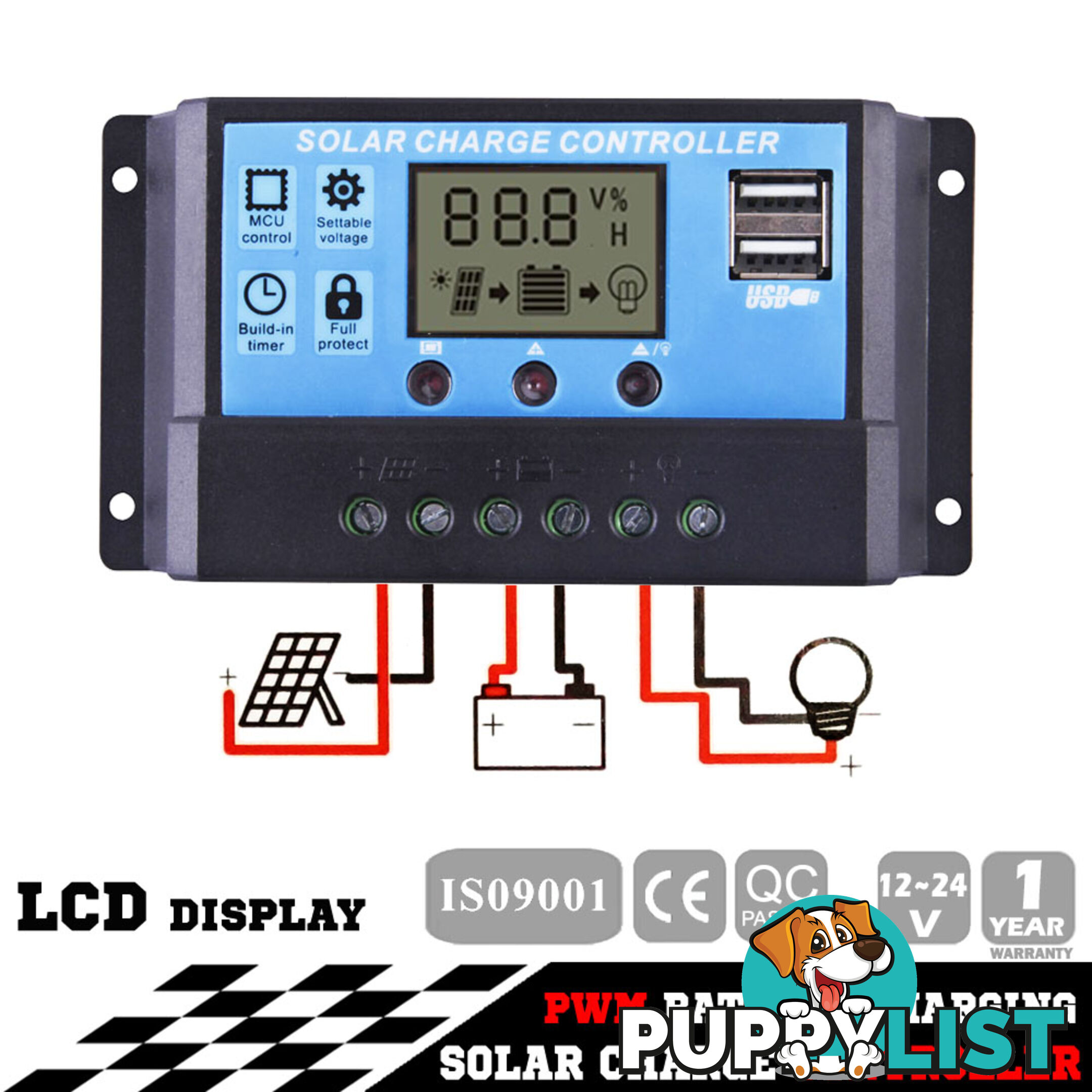 12V-24V 20A LCD Display PWM Solar Panel Regulator Charge Controller Timer PWN