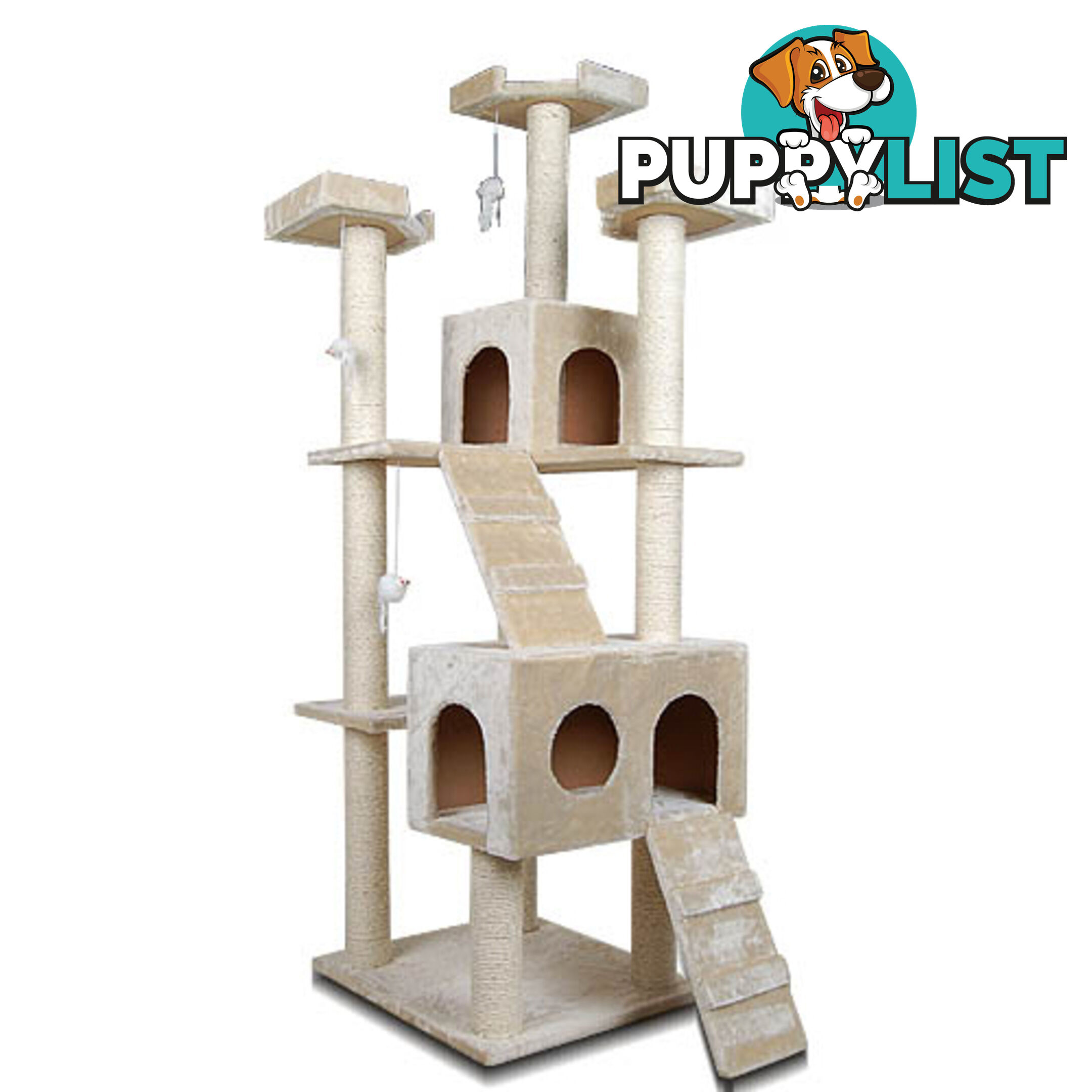 Multi Level Cat Scratching Poles Tree w/ Ladder Beige