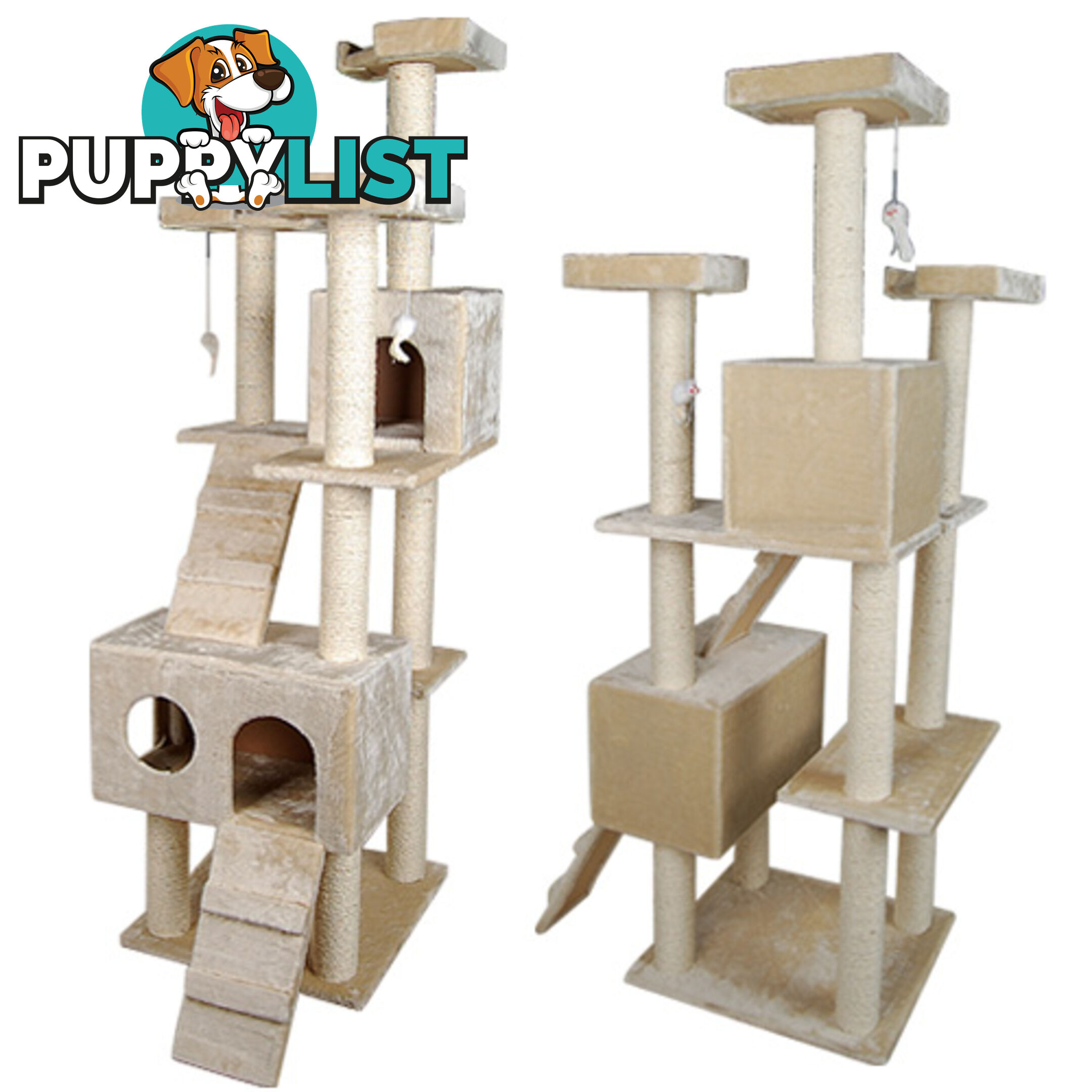 Multi Level Cat Scratching Poles Tree w/ Ladder Beige