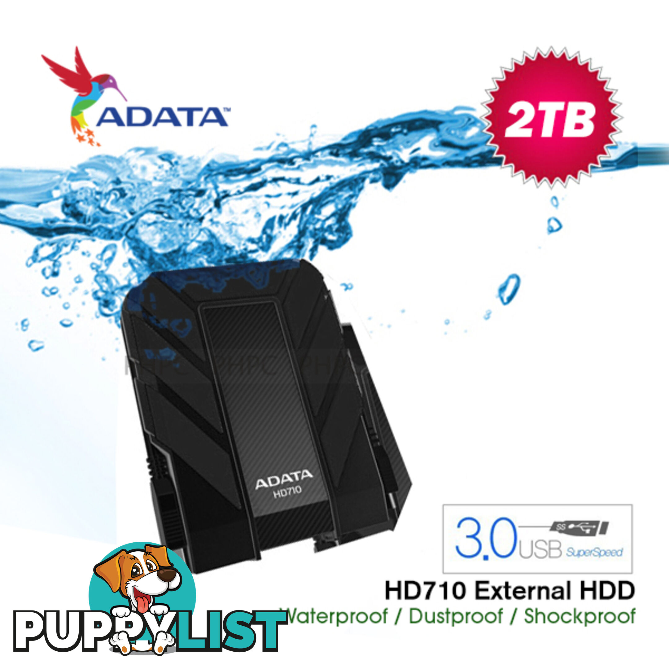 AHD710-2TU3-CBK ADATA HD710 Waterproof/Dustproof/Shock-Resistant 2TB USB 3.0 External Hard Drive- Black