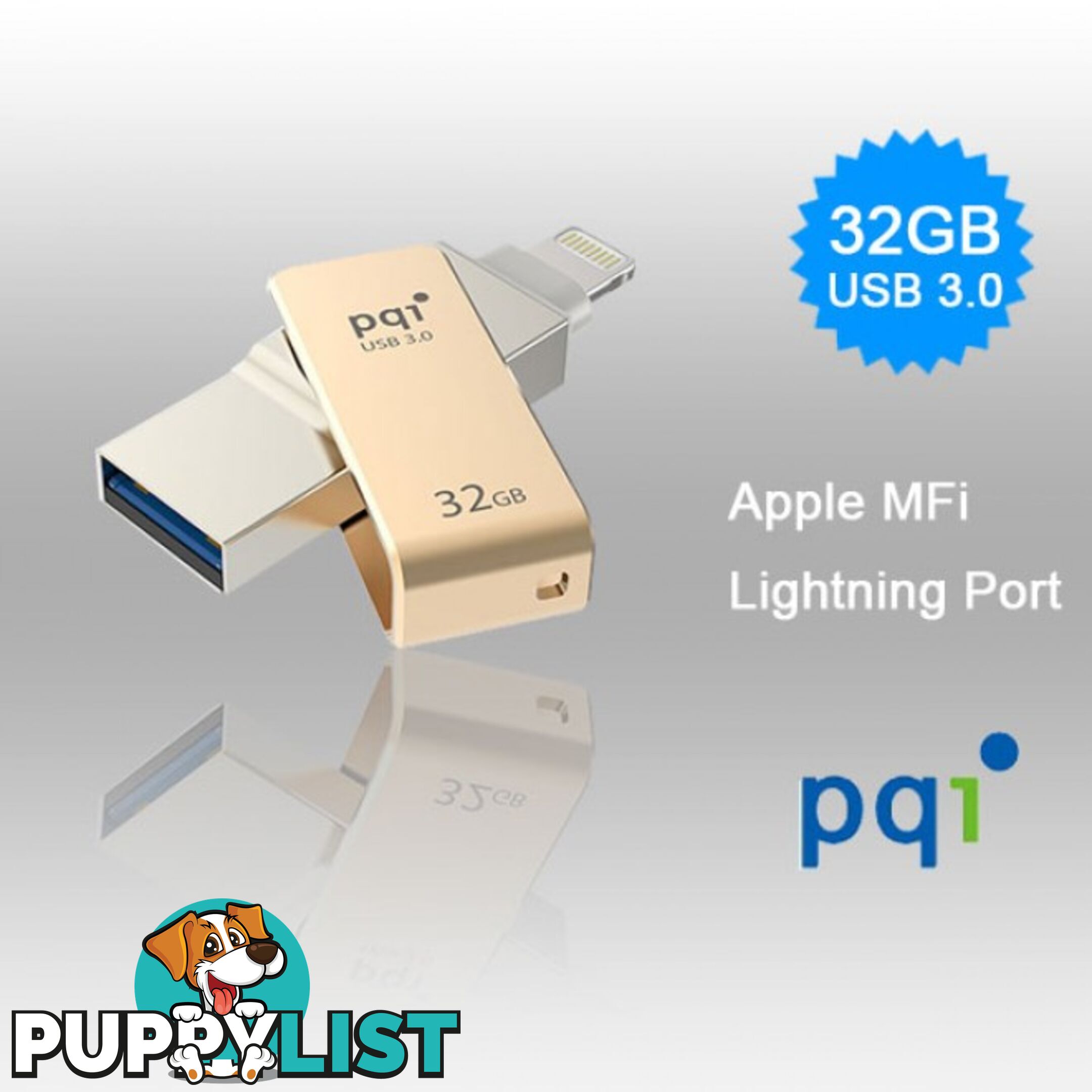 PQI iConnect Mini 6I04-032GR2001 Gold [Apple MFi] 32 GB Mobile Flash Drive w/ Lightning Connector for iPhones iPads Mac & PC USB 3.0 (6I04-032GR2001)