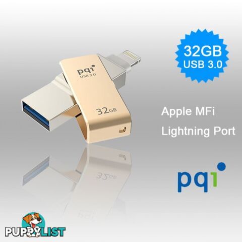 PQI iConnect Mini 6I04-032GR2001 Gold [Apple MFi] 32 GB Mobile Flash Drive w/ Lightning Connector for iPhones iPads Mac & PC USB 3.0 (6I04-032GR2001)