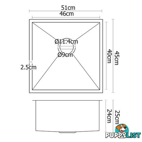 Stainless Steel Kitchen/Laundry Sink w/ Strainer Waste 510 x 450 mm