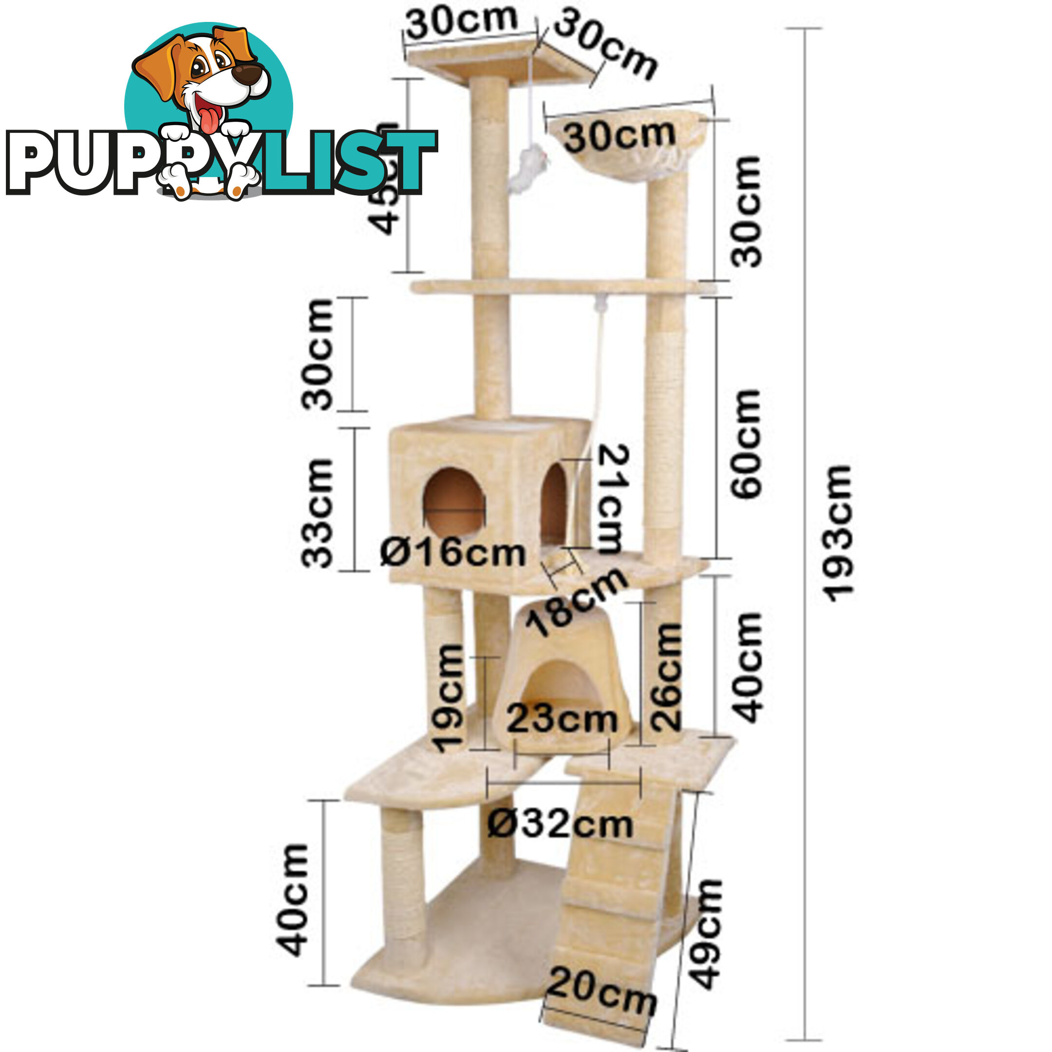 Multi Level Cat Scratching Poles Tree w/ Ladder Beige