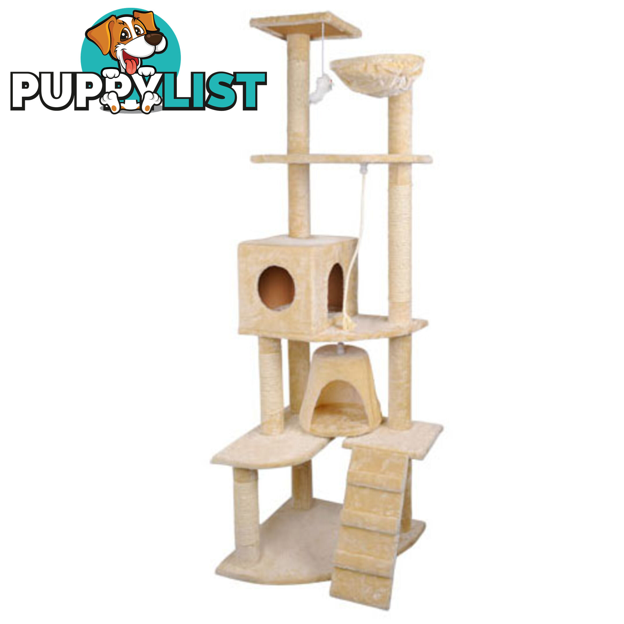 Multi Level Cat Scratching Poles Tree w/ Ladder Beige