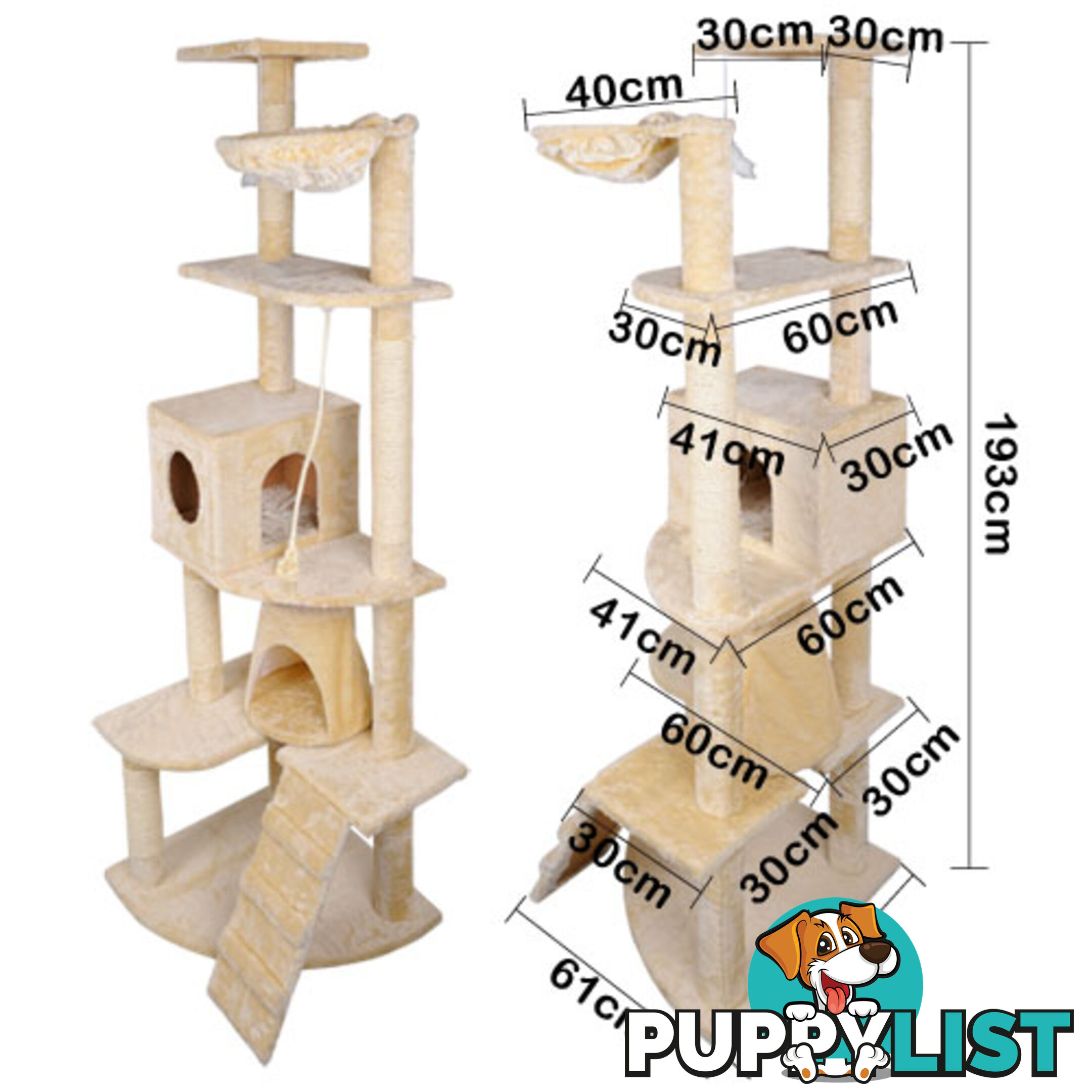 Multi Level Cat Scratching Poles Tree w/ Ladder Beige