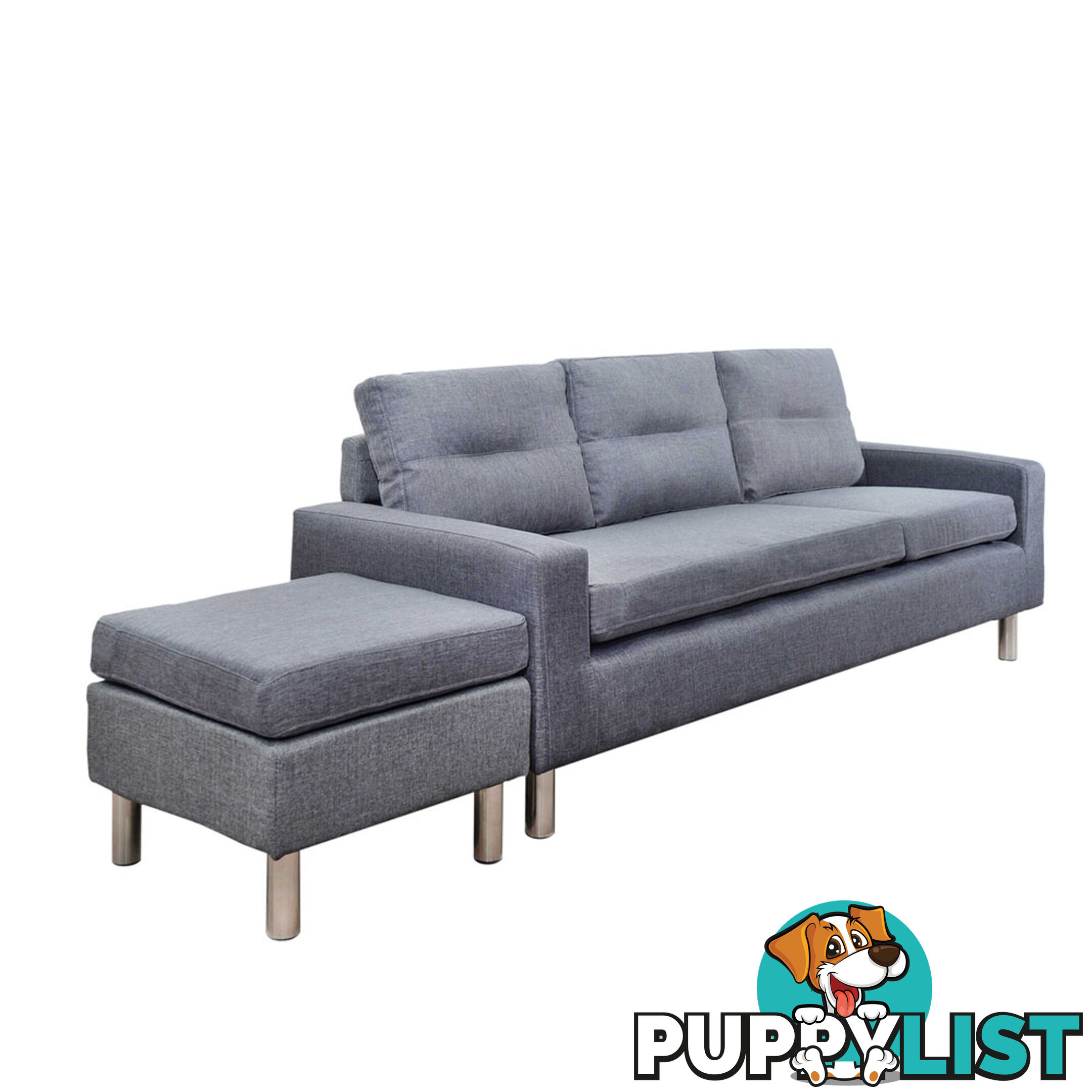 Four Seater Faux Linen Fabric Sofa with Ottoman Grey