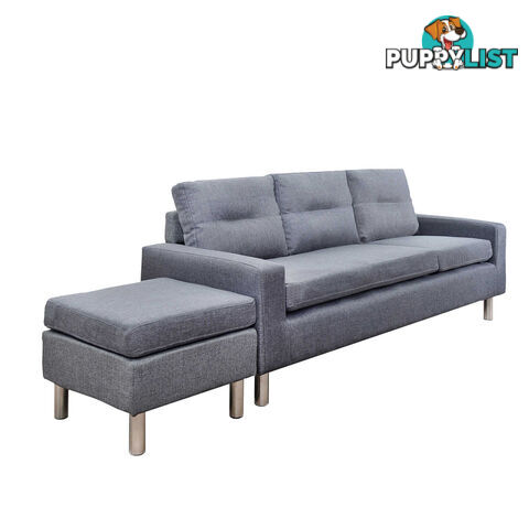 Four Seater Faux Linen Fabric Sofa with Ottoman Grey