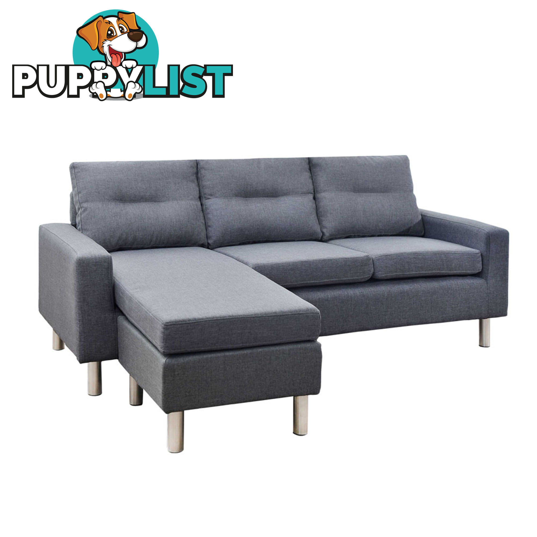 Four Seater Faux Linen Fabric Sofa with Ottoman Grey