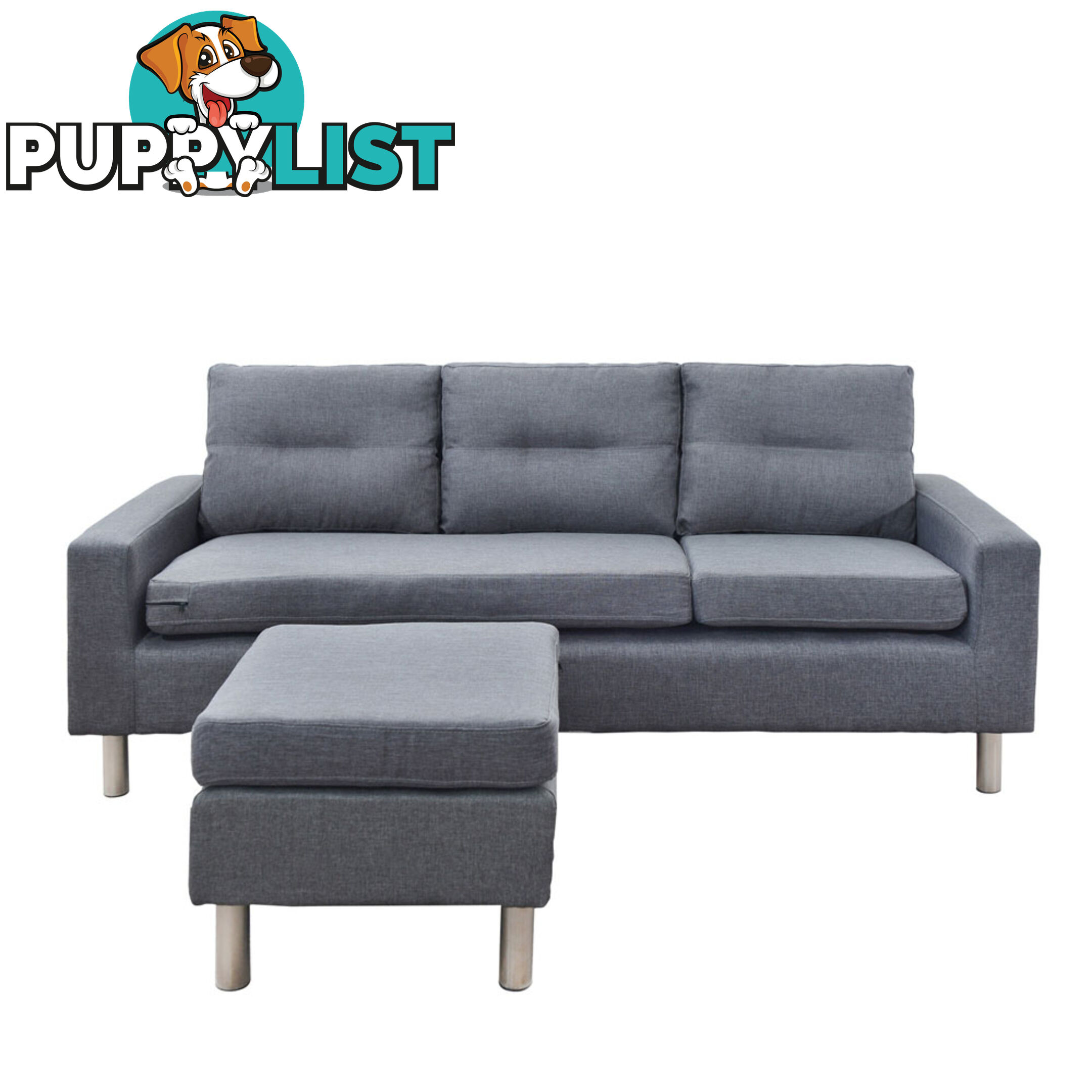 Four Seater Faux Linen Fabric Sofa with Ottoman Grey